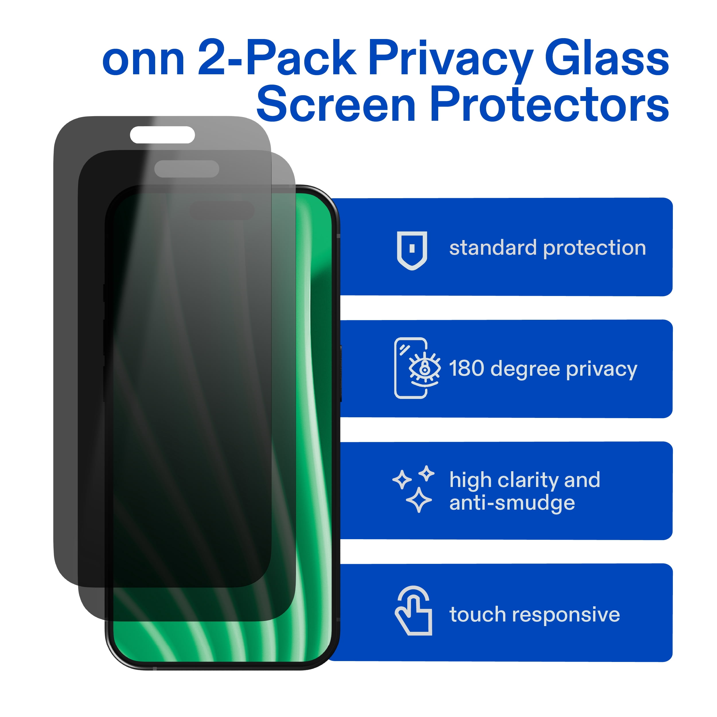 onn Protecteurs d’écran en verre trempé intimité pour iPhone® 17, paquet de 2, intimité à 180°, protection standard contre les chutes, avec cadre d’application facile
