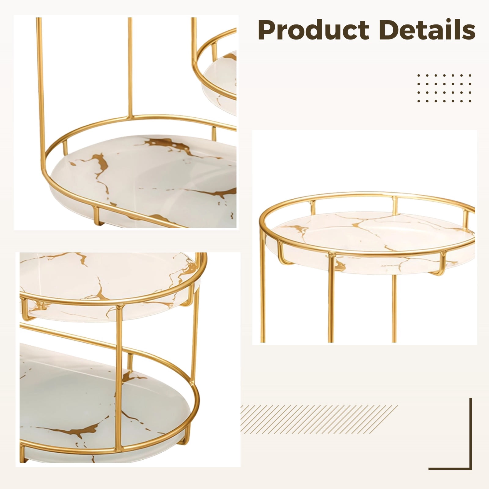 Gold Makeup Organizer, 3 Tier Countertop Bathroom Organizer, Perfume Tray, Iron Vanity Shelf, Height 10.2 in / 26 cm, White Faux Marble Texture