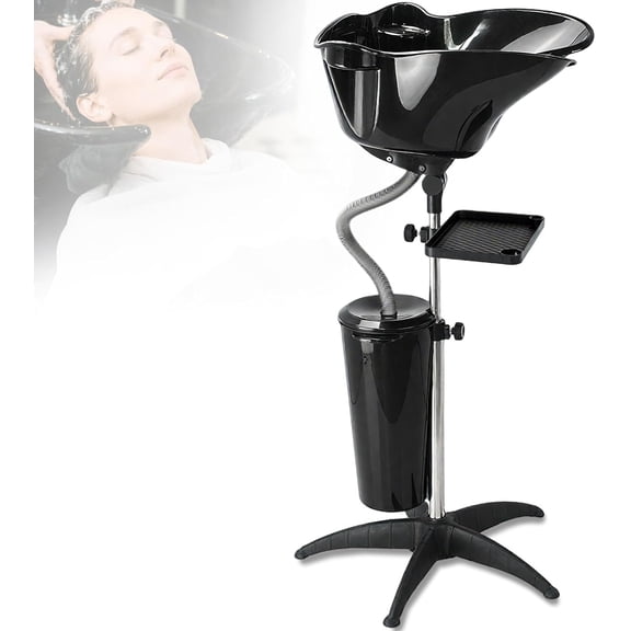 Portable Salon Shampoo Bowl, Height Adjustable Hair Washing Basin with Drain Hose, Black