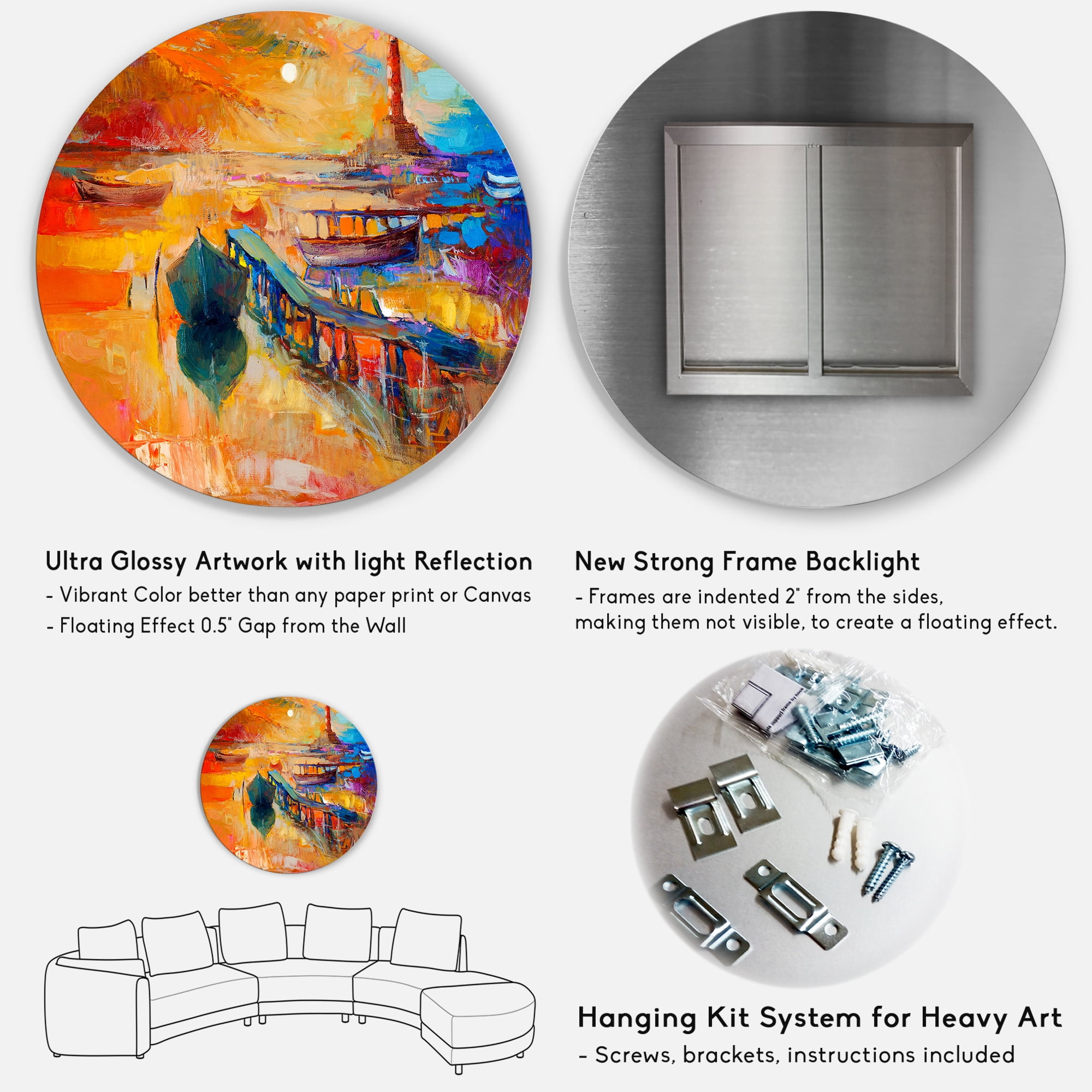 Designart 'Boats Near Coastal Town Resting On The Water III' Nautical & Coastal Circle Metal Wall Art 11x11 - Disc of 11