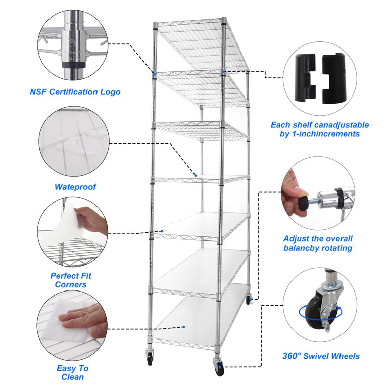 7-Tier White Kitchen Shelf Metal Storage Shelf Height Adjustable