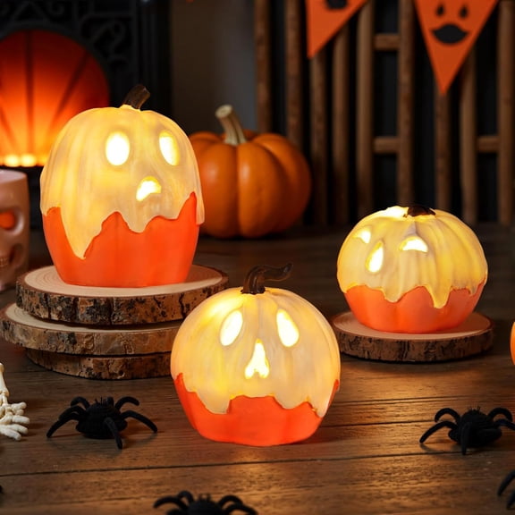 3 Pack Light Up Ghost Pumpkin Decorations with Warm Glow for Halloween