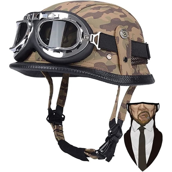 German Leather Half Face Generic with Goggles, DOT/ECE Approved Cap Half Shell for Cruiser