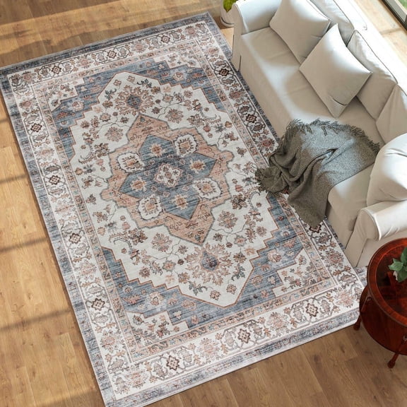 Resenkos 8x10 Vintage Machine Washable Area Rug - Non-Slip Carpet for Living Room, Bedroom, Dining Room, Brown & Light Blue