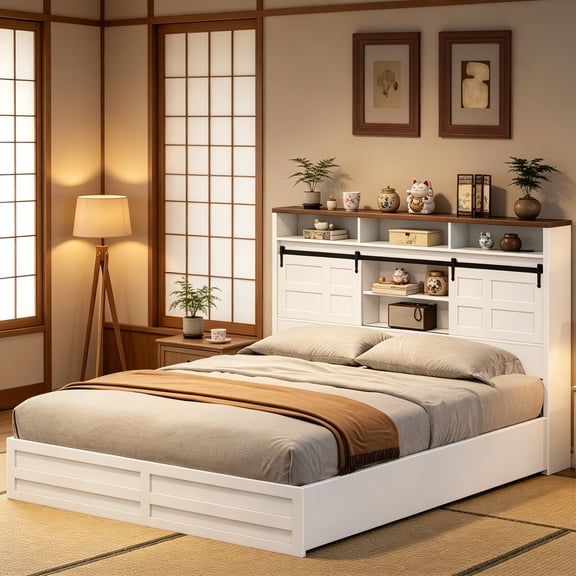 Queen Size Headboard with Hidden Storage, Farmhouse Queen Headboard with Sliding Barn Door and LED Light Strip, Charging Station, White and Walnut