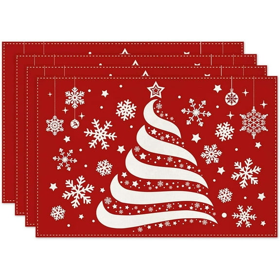 Christmas Placemats, Set of 4 Heat Resistant Stain Resistant Non-Slip Woven Linen Insulation Placemats, Washable Durable Elegant Table Mats for Dining
