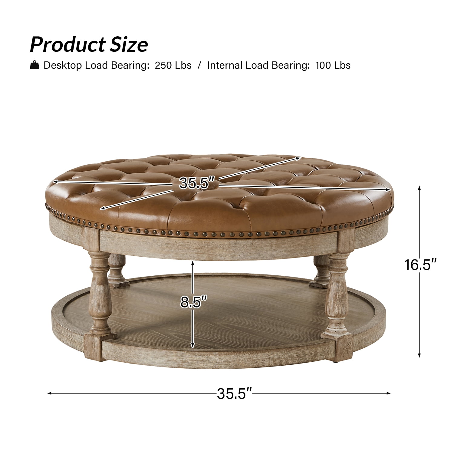 35" Leather Round Cocktail Ottoman Storage Coffee Table for Bedroom Home Living Room Camel