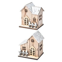 KALLORY 2Pcs Miniature Wood Village Christmas Luminous Wood Small House Decorative Light Brown