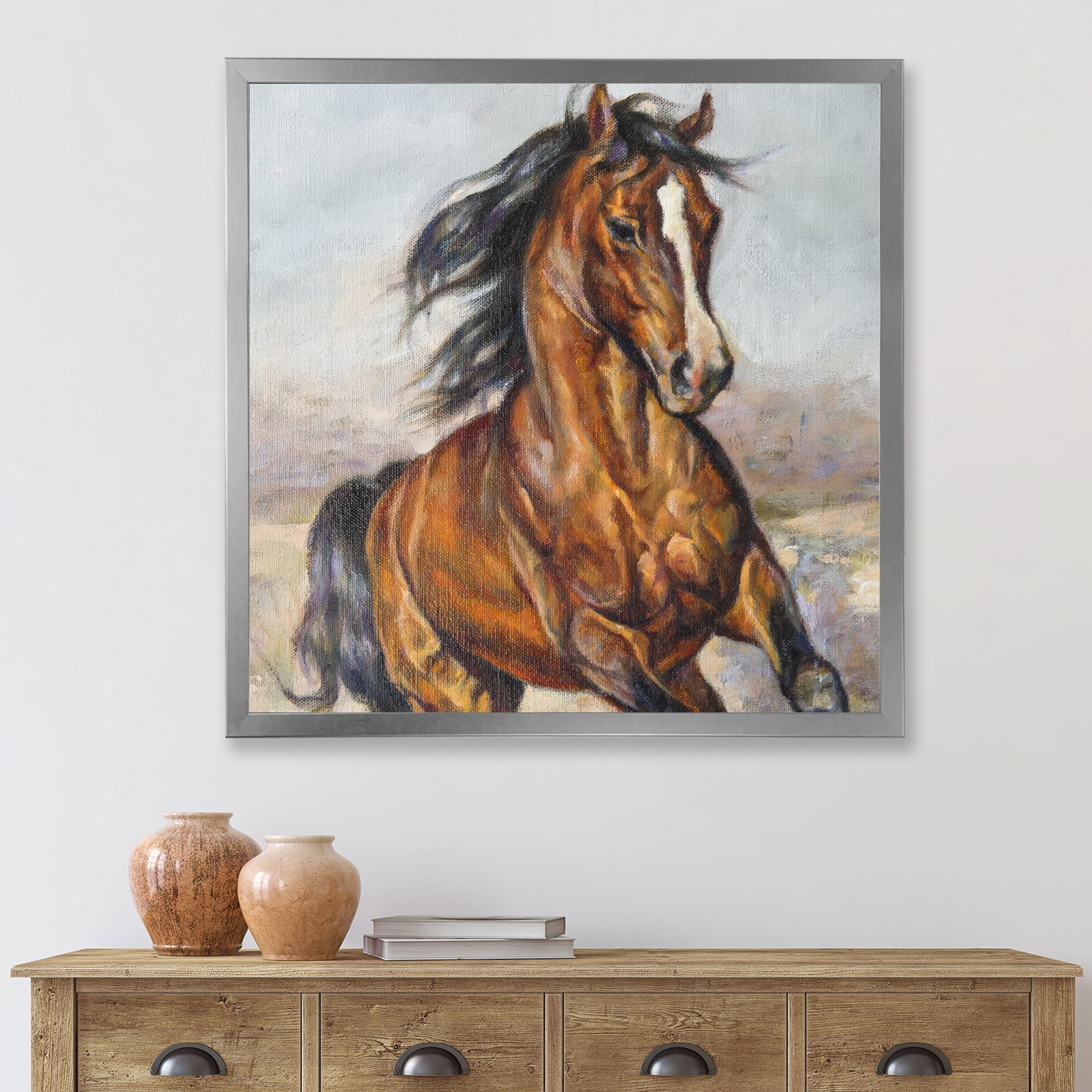 Designart 'Close Up Portrait Of A Horse In The Race' Farmhouse Framed Art Print