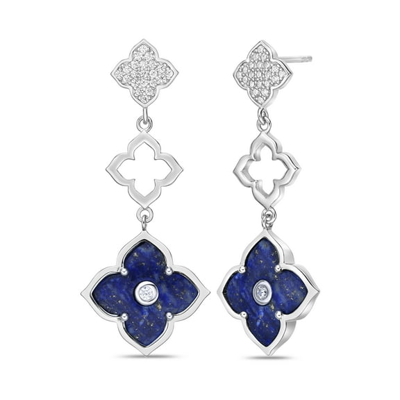 Lapis Lazuli Three Flower Drop Dangle Earrings for Women with Cubic Zirconia in 925 Sterling Silver Push Back by Lavari Jewelers
