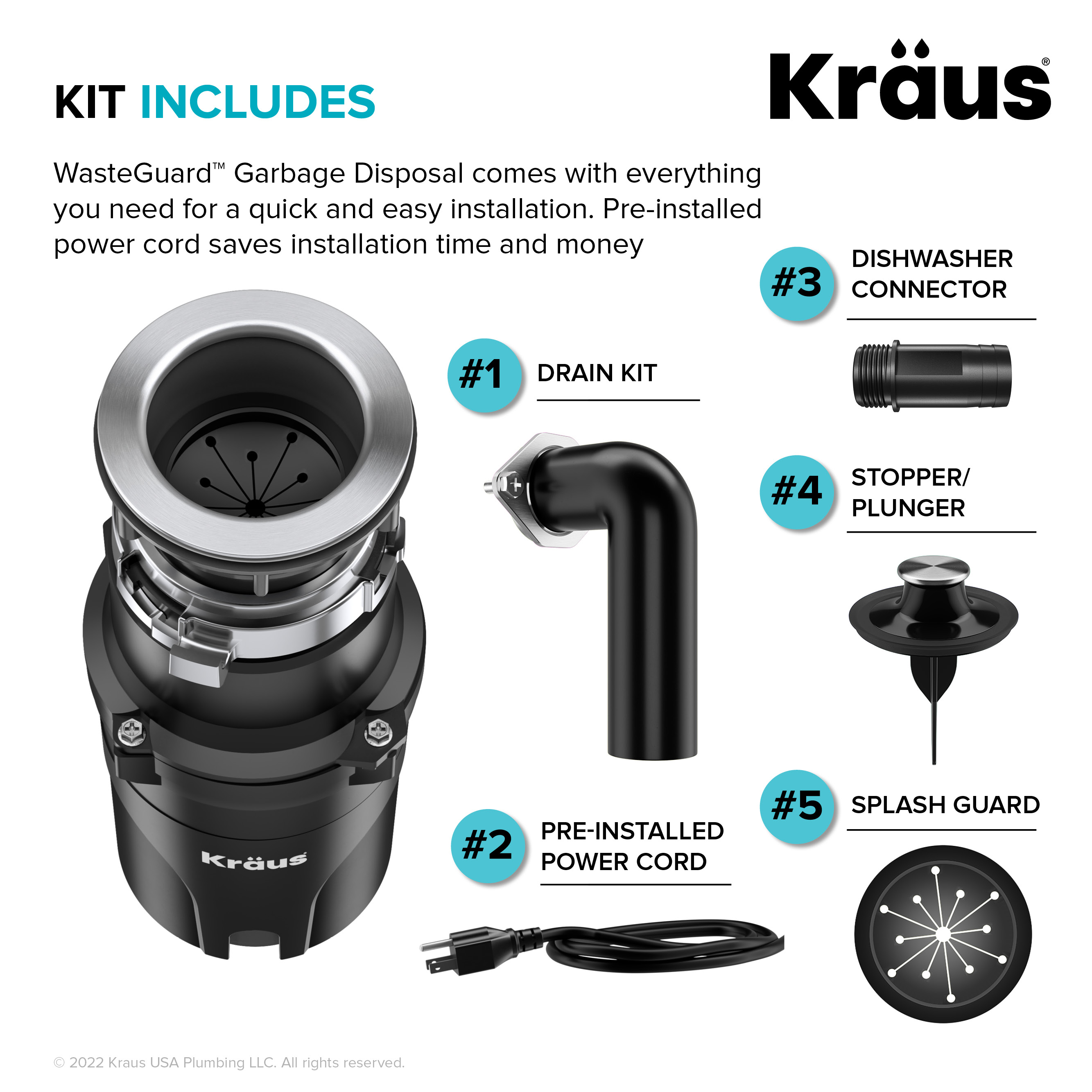 KRAUS WasteGuard High-Speed 1/3 HP Continuous Feed Ultra-Quiet Motor  Garbage Disposal with Quick Connect Mount, Power Cord and Flange Included 