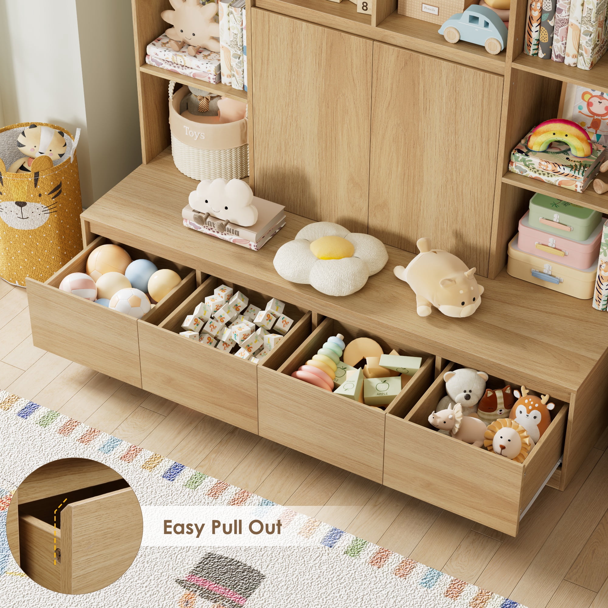 Homfa 10 Cubes Kids Toy Storage Organizer, 4 Drawers Kids Bookcase and Bookshelf with Doors & Adjustable Shelves for Playroom Kids Room, Natural Color