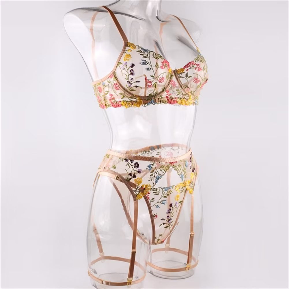Varsbaby Women's Sexy Sheer Bra See Through Mesh Lingerie Set Transparent Unlined Lace Floral Bra Panty and Garter 3 Piece