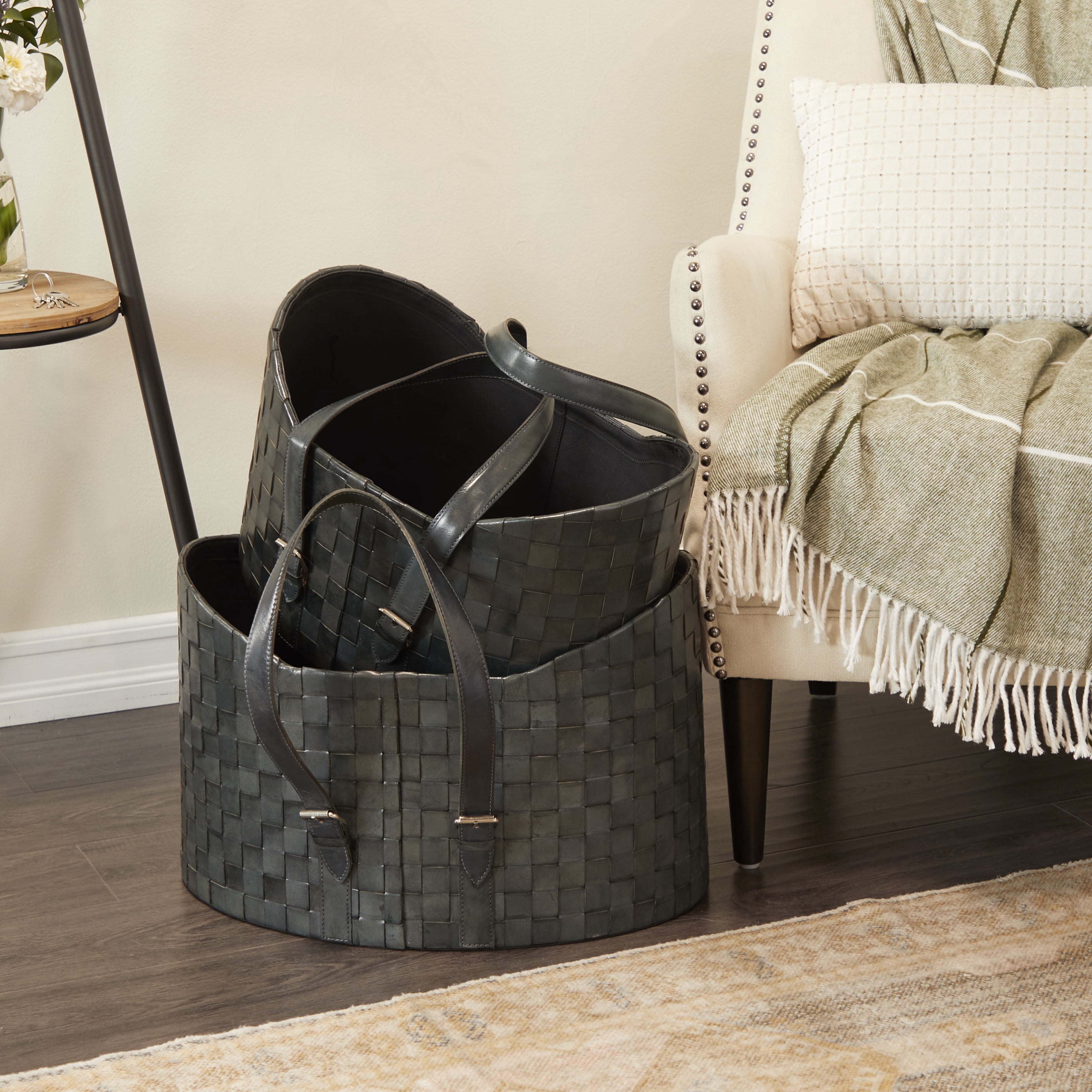 DecMode 16"W, 14"H Leather Modern Storage Basket, Dark Blue, 2-Piece