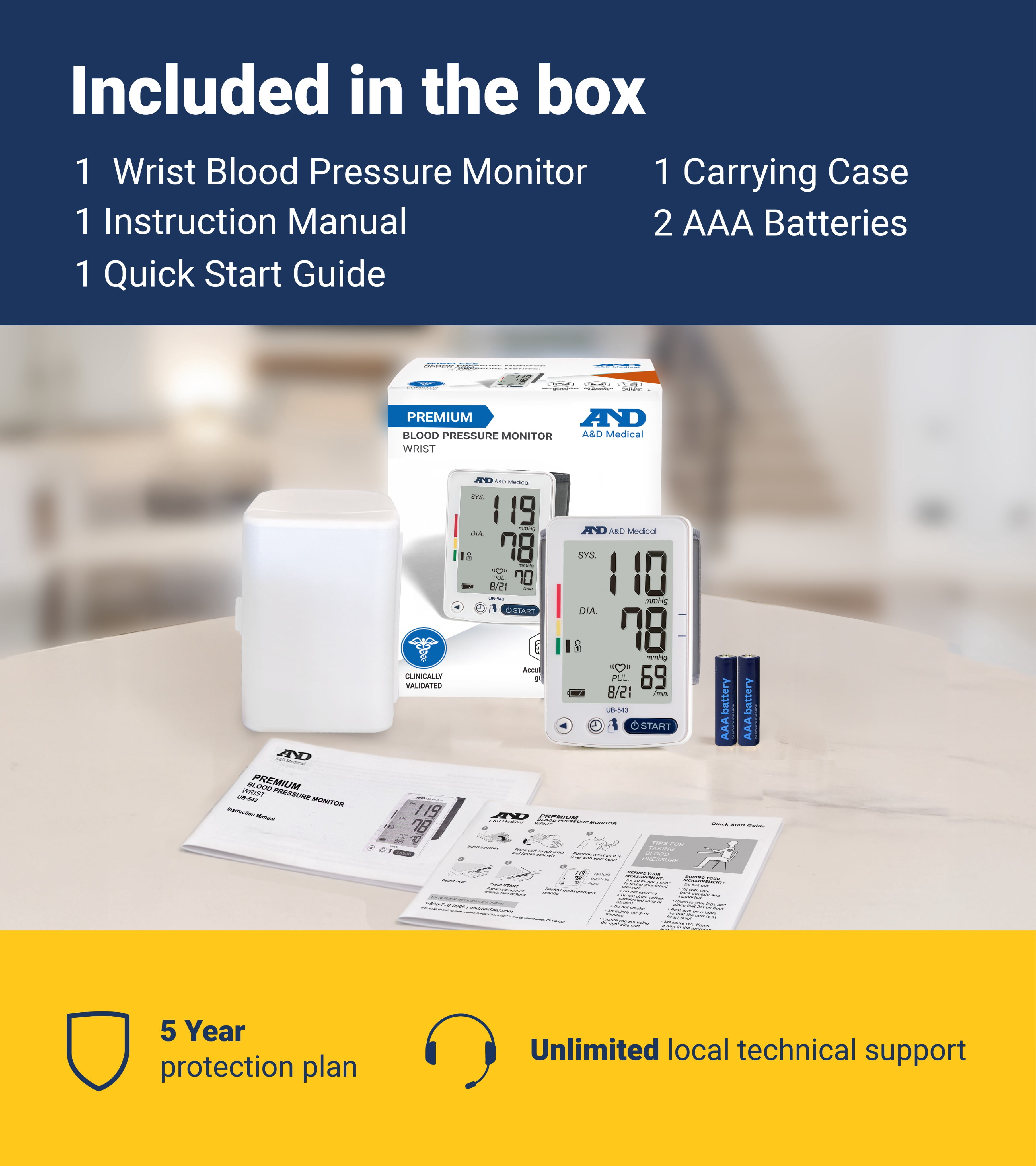 A&D Medical Bluetooth Blood Pressure Monitor, Wrist, Digital, Heart Rate Detection (UB-543)
