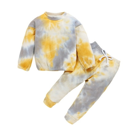 

BrilliantMe Baby Girls Boys Tie-dye Suit Long Sleeves Tops Pants 2pcs Outfits Set Yellow 5-6 Years