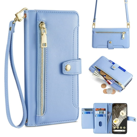 SaniMore for Google Pixel 7 Pro Case, with Kickstand [Shoulder & Wrist Strap] Flip Zipper Wallet Cash & Card Slots PU Leather TPU Interior Full Body Protection for Google Pixel 7 Pro, Blue