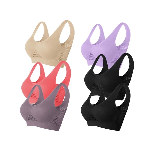 ATOYSOY 6 Pack Sports Bra Everyday Bra Mesh Thin Lightly Yoga Activewear Underwear Push Up Bralette Teens Breathable Comfort Bra Workout Wireless Removable Pads Khaki L