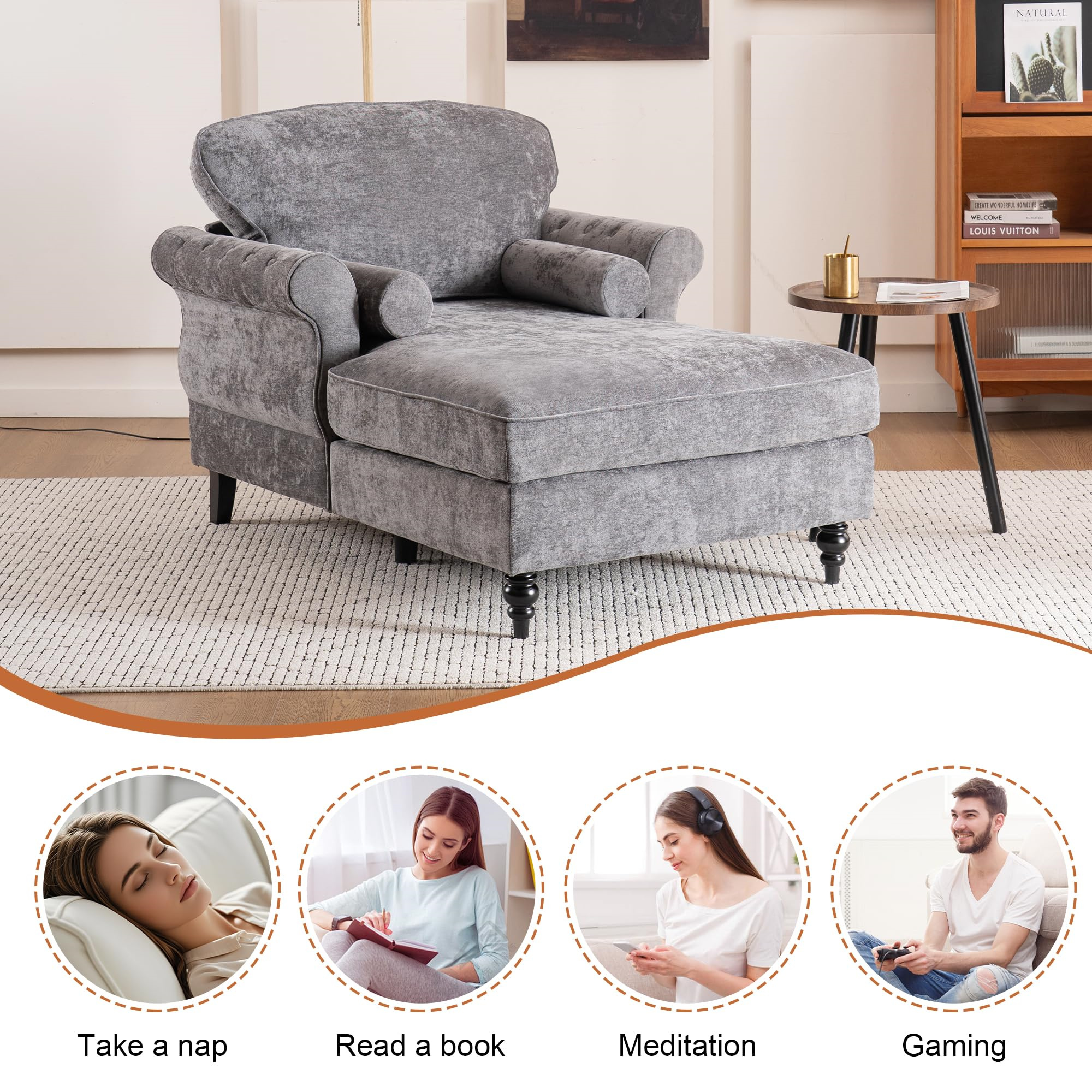 Aukfa Curved Arm Chaise Lounge Indoor Chair Oversized Mid-Century Modern Chair, 2 Pillows, Chenille, Gray