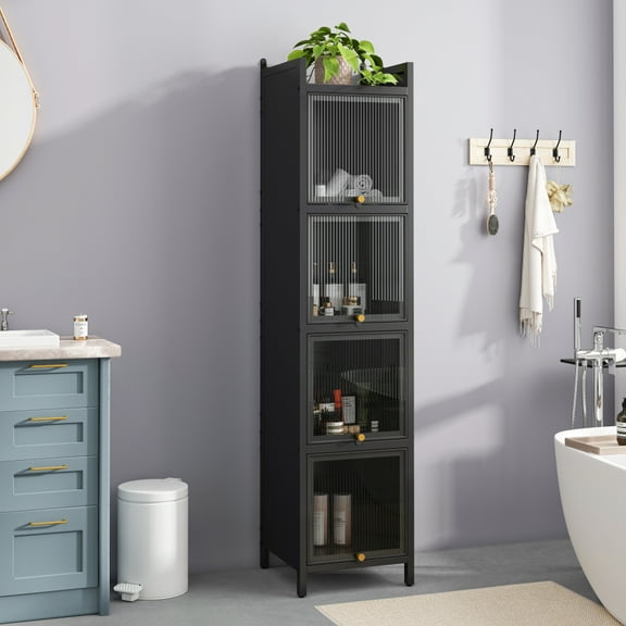 FFZ Modern Four-tier Glass Door Cabinet with Featuring Five-tier Storage, for Entryway Living Room Bathroom Dining Room,Black and Green