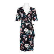 Adrianna Papell Surplice Neck Short Sleeve Floral Print Tie Side Rayon Jersey Faux Wrap Dress-BLACK MULTI