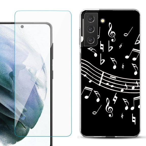 Slim-Fit TPU Fashion Phone Case for Samsung Galaxy S21 FE 5G Fan Edition, with Tempered Glass Screen Protector, by OneToughShield ® - Music Notes / Black