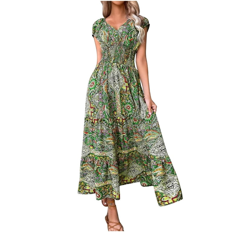 jicehd Dress Big Saves Bohemian Casual Floral Print V-neck Strapped Waist  Wrap Long Dress Cap Sleeve Swing Flowy Temperament Ruffle Beach Dress -  Walmart.com