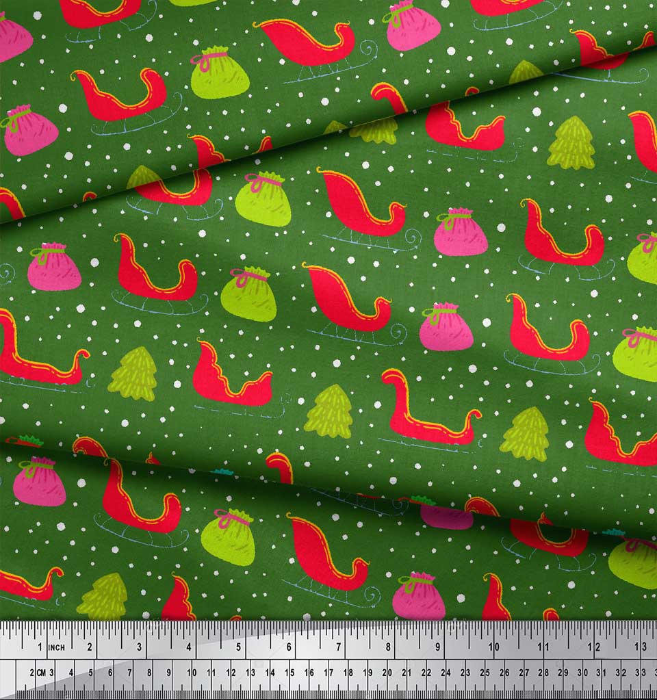 Soimoi Green Cotton Voile Fabric Santa Bag,Tree & Sleigh Christmas Print Fabric by Yard 42 Inch Wide