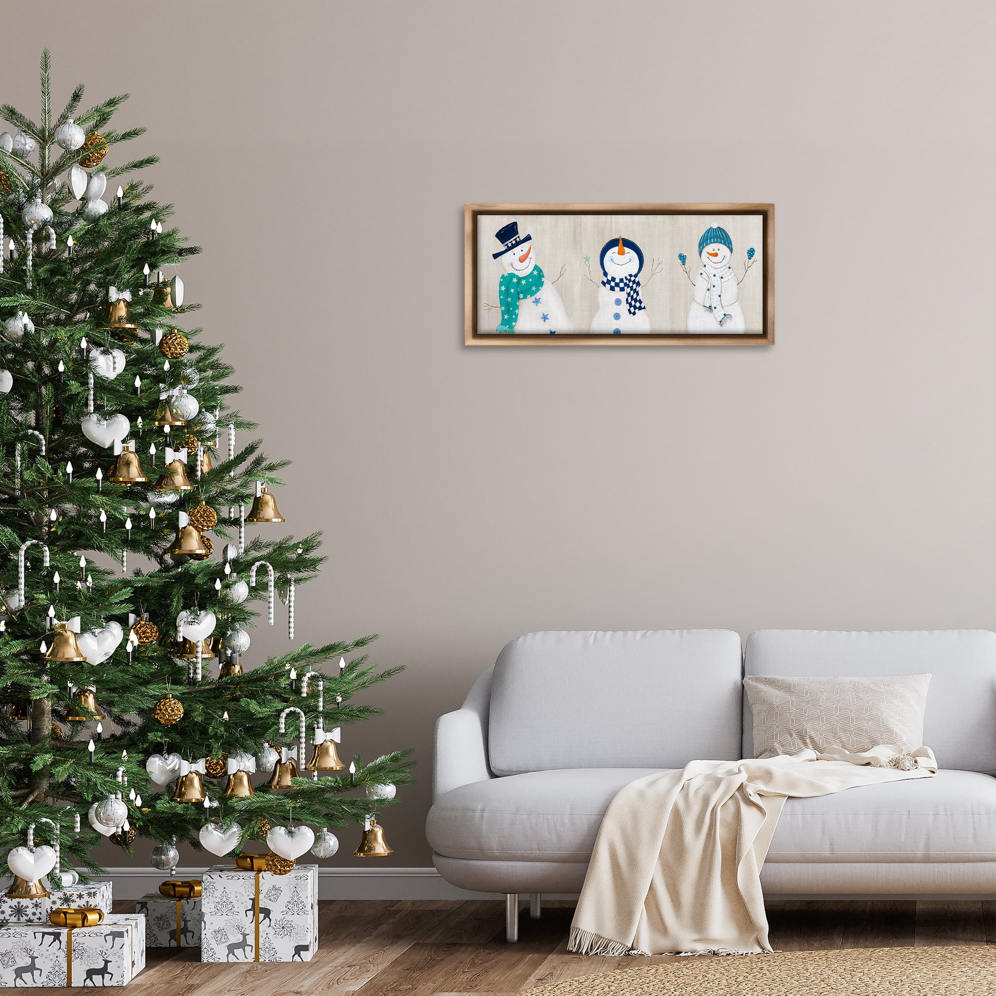Stupell Industries Happy Snowman Trio Holiday Painting Brown Floater Framed Canvas Art Prints Wall Art, 31 x 14
