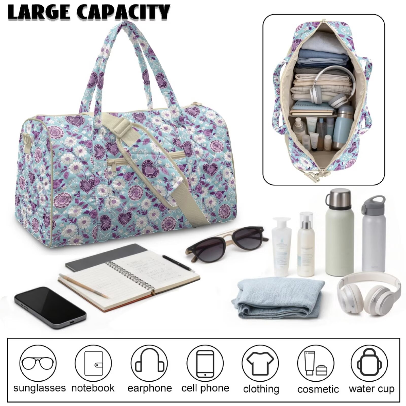 Chririnla Trendy Athletic Bag Versatile Weekender Overnight Luggage with Airline Approved Carry On Size & Shoulder Strap Dual, Blue & Purple Hearts Pattern