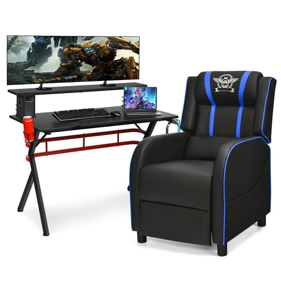 Costway Gaming Desk & Chair Set 48" Computer Desk & Massage Recliner Chair Black + Blue