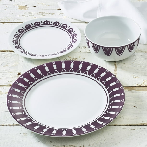 Geometric Purples Collection 12Piece Porcelain Dinnerware Set