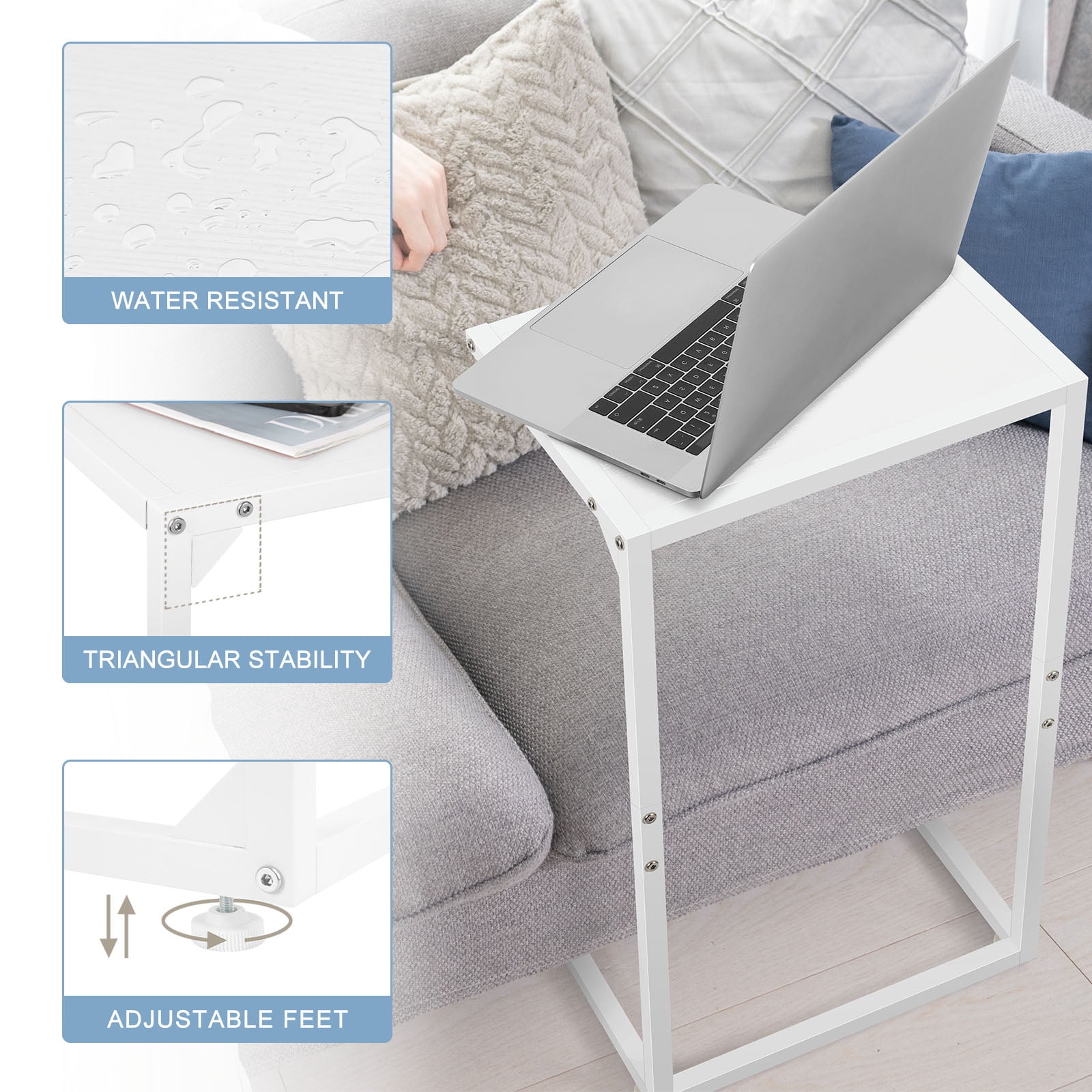 Horizontal Flat C‑Shaped Side Table, Single Piece White End Table for Sofa and Bedside