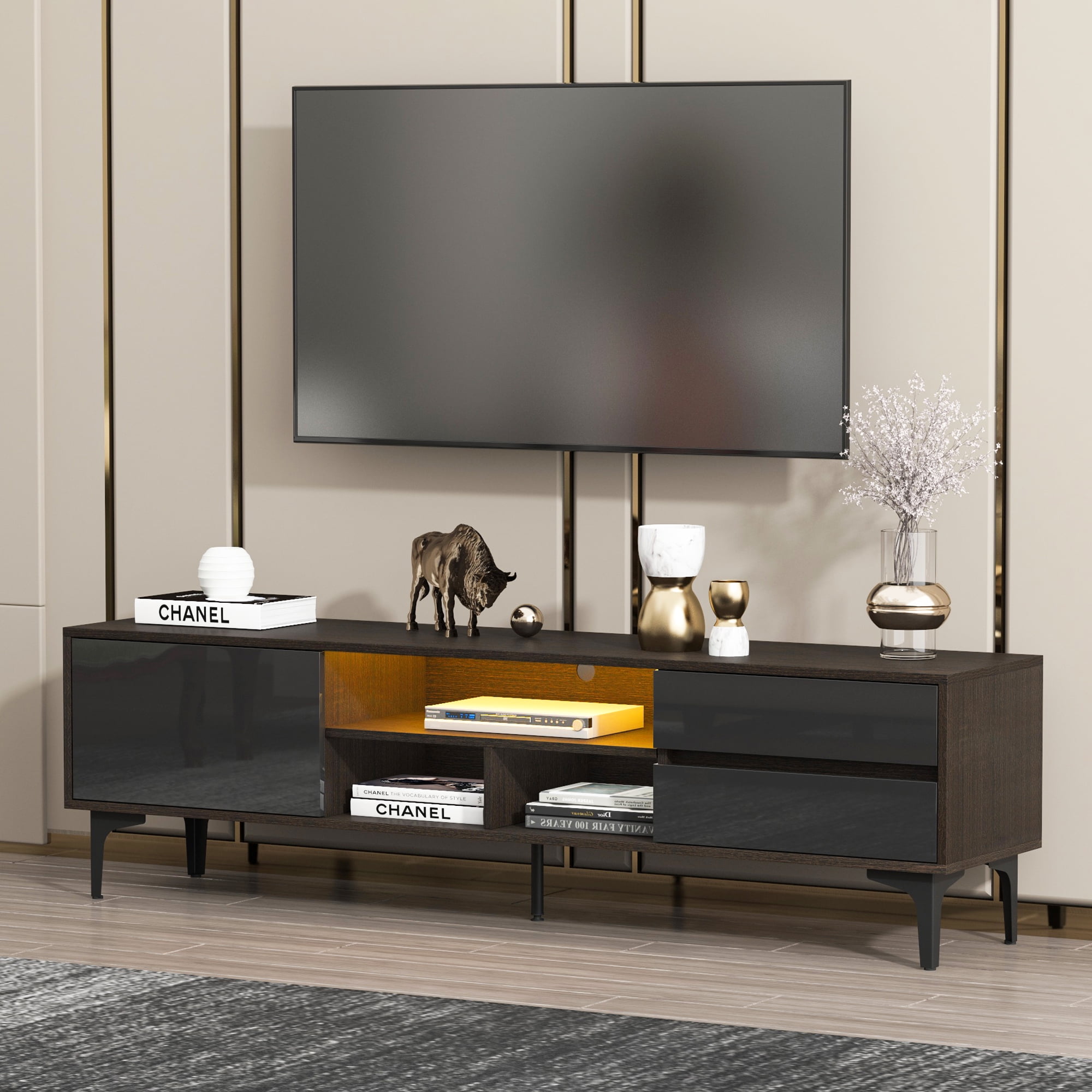 Aukfa LED TV Stand for TV up to 65" 70",UV Entertainment Center for Living Room Office, Black