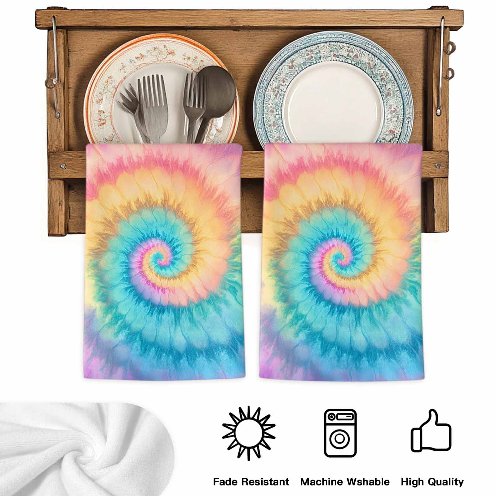 Colorful Tie Dye Kitchen Towels Set of 2, Rainbow Ombre Abstract Pattern Art Soft Microfiber Dish Towels, Absorbent Quick-Dry Washable Dishcloths for Kitchen Cleaning, Drying Dishes, 18x28 Inches