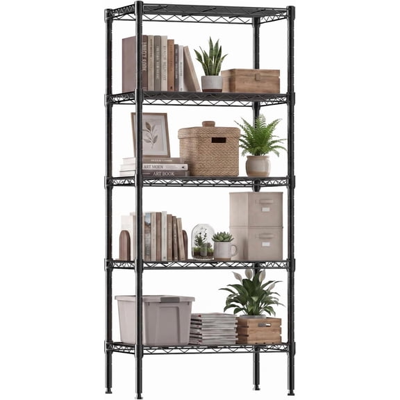 5-Tier Metal Wire Storage Shelves, Adjustable Standing Rack Shelf, Heavy Duty Steel Shelving Unit Organizers for Kitchen Bathroom Pantry Garage, 23.2" Wx13.4 Dx59.8 H, Black