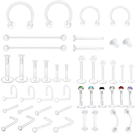 44pcs Clear Piercing Retainers Acrylic Invisible Surgery Nose Rings Stud Lip Cartilage Tragus Labret Ring Studs Rhinestone Jewelry Tongue Barbells Belly Earrings for Daily Wearing Work