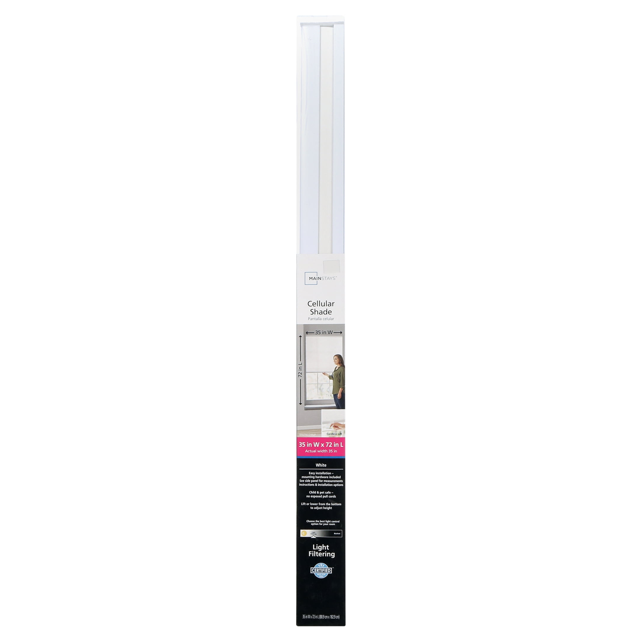 (2 pack) Mainstays Cordless Polyester Light Filtering Cellular Shade, 1-Piece, White, 27" W x 72" L
