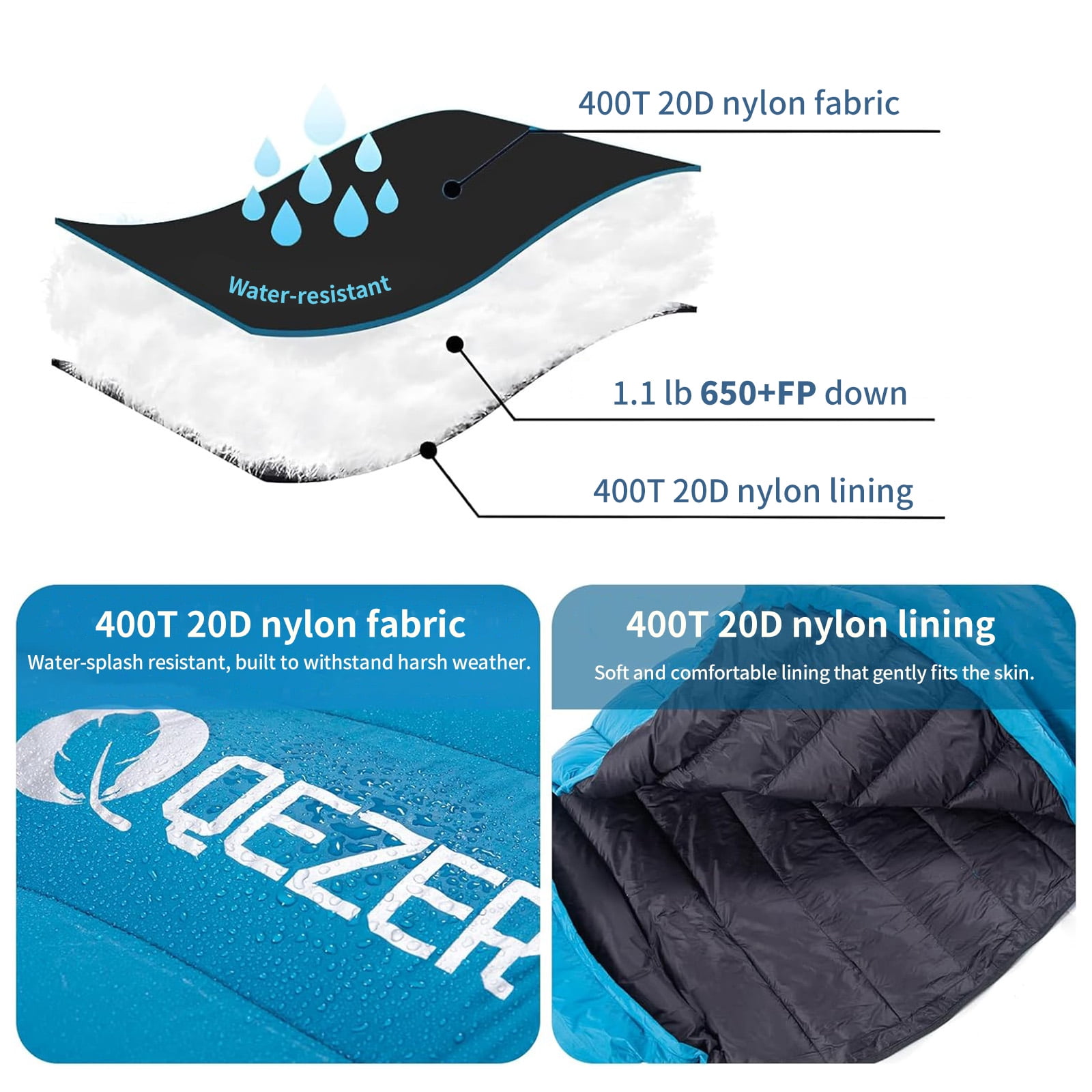QEZER 650FP Ultralight Down Sleeping Bag, 860g, 36°F - 46°F, 3-Season for Backpacking & camping