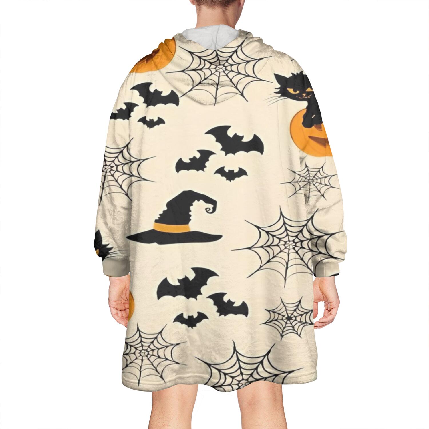 Wearable Oversized Blanket,Black Cat Pumpkin Halloween Pattern Wearable Blanket Hoodie for Adults,Cozy Hooded Blankets with Super Pockets,Super Warm Fuzzy Pullover for Women & Men