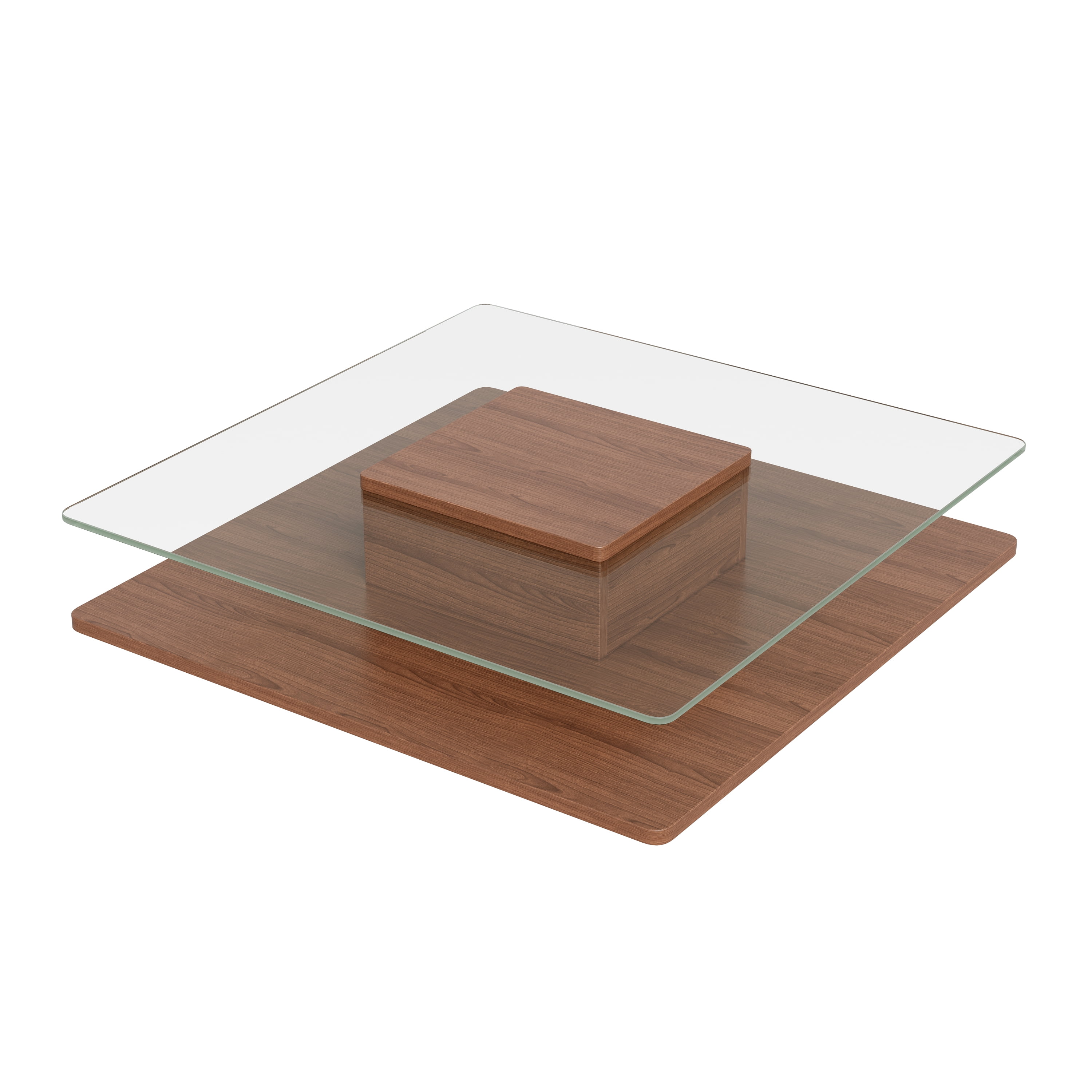 The Square Coffee Table with Clear Tempered Glass Top and Storage Shelf, Walnut Finish, 31.5"