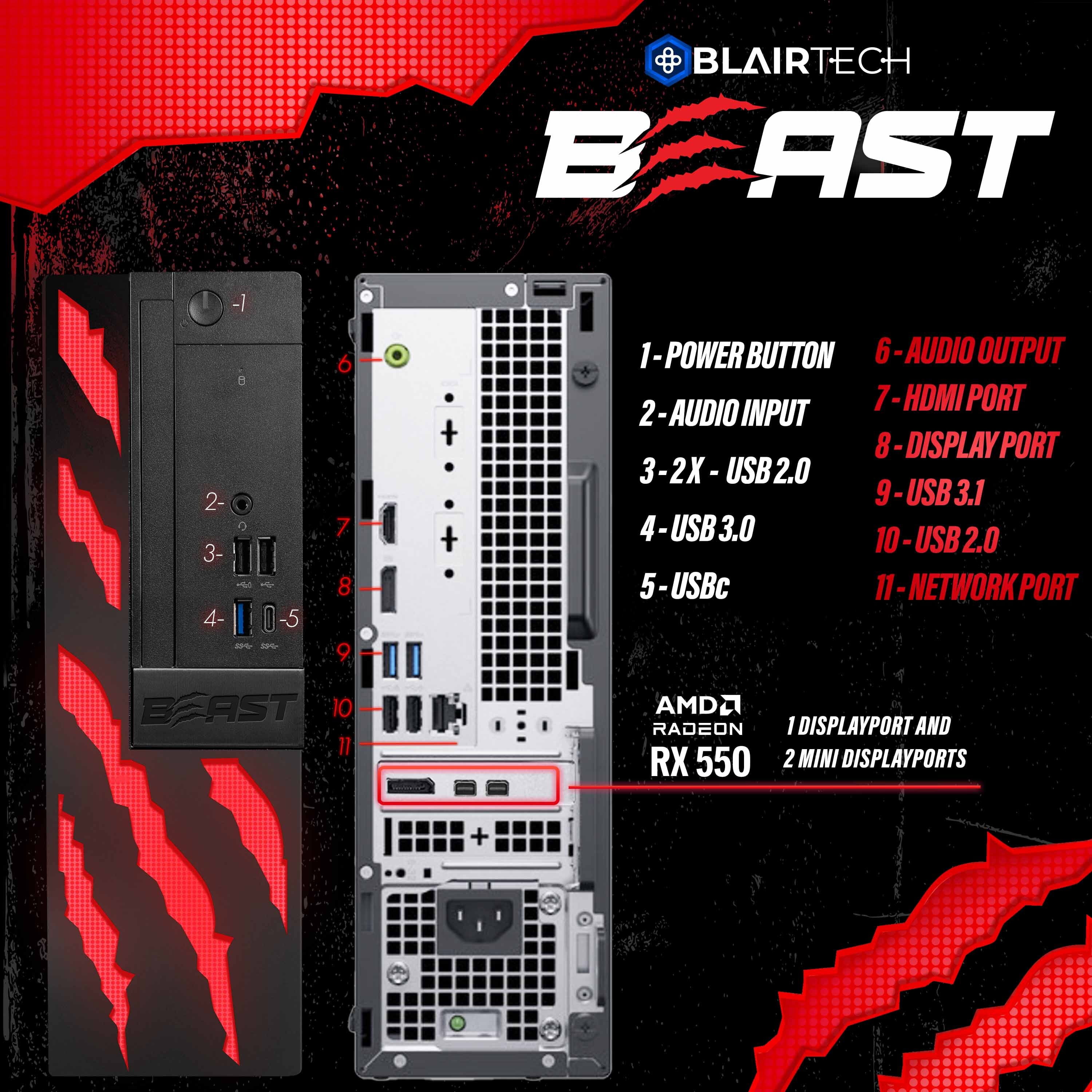 Restored Gaming PC Computer, BlairTech Beast | Intel i5 with Radeon RX 550 GPU, 16GB, 500GB SSD, WiFi + BT, Windows 11 Gaming Desktop (Refurbished)