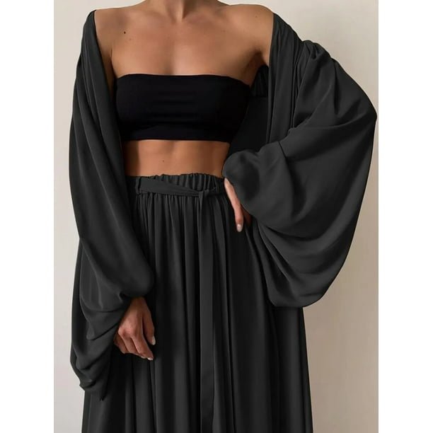 Conjunto de pijama holgado de 3 piezas para mujer, ropa de dormir lisa de gran tamaño, de manga larga, a la moda, 2023
