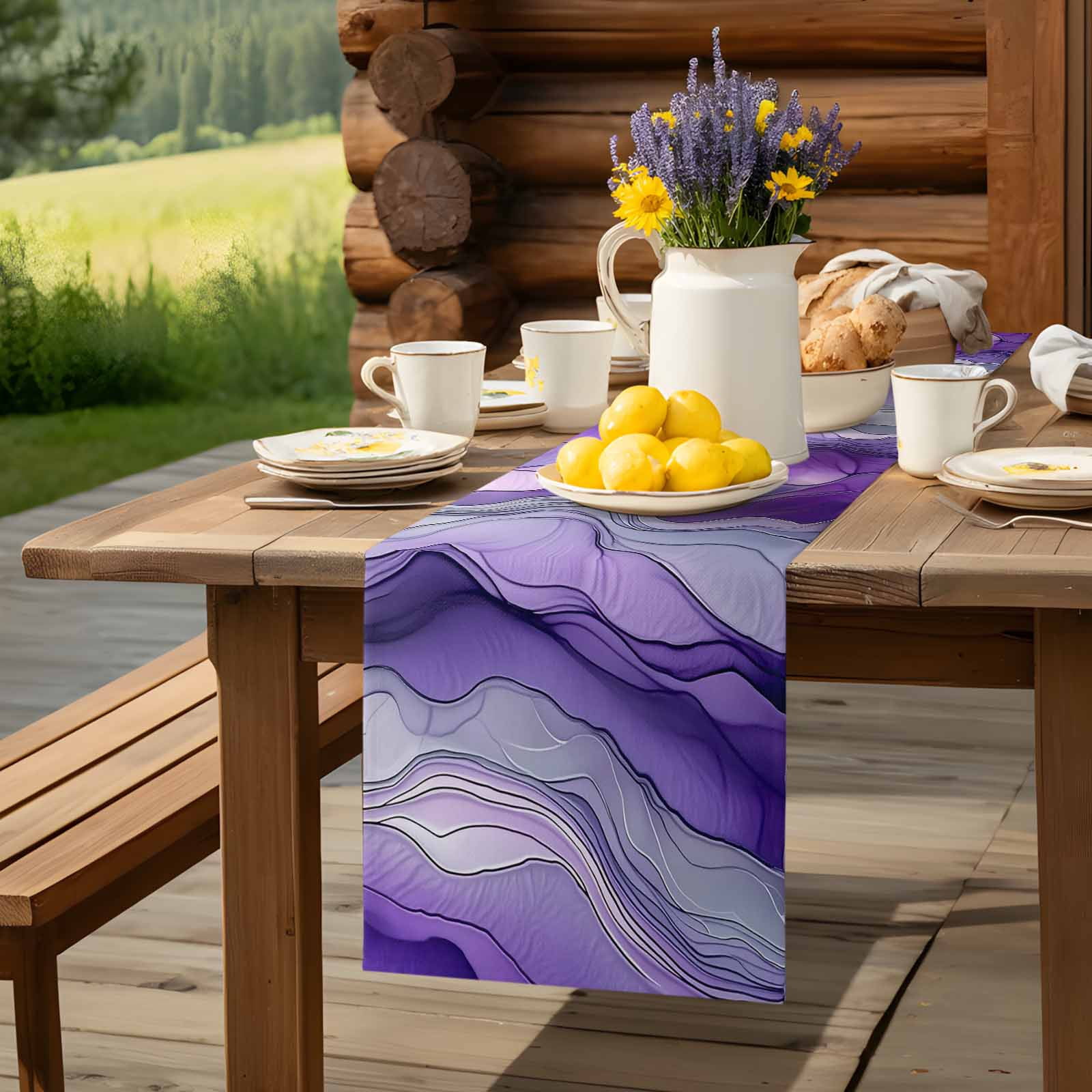 Abstract Art Purple Gray Wave Table Runner 90 Inches Long, Vintage Marble Texture Table Runners Tabletop Scarf Kitchen Dining Tables Decoration for Home Party Indoor Outdoor