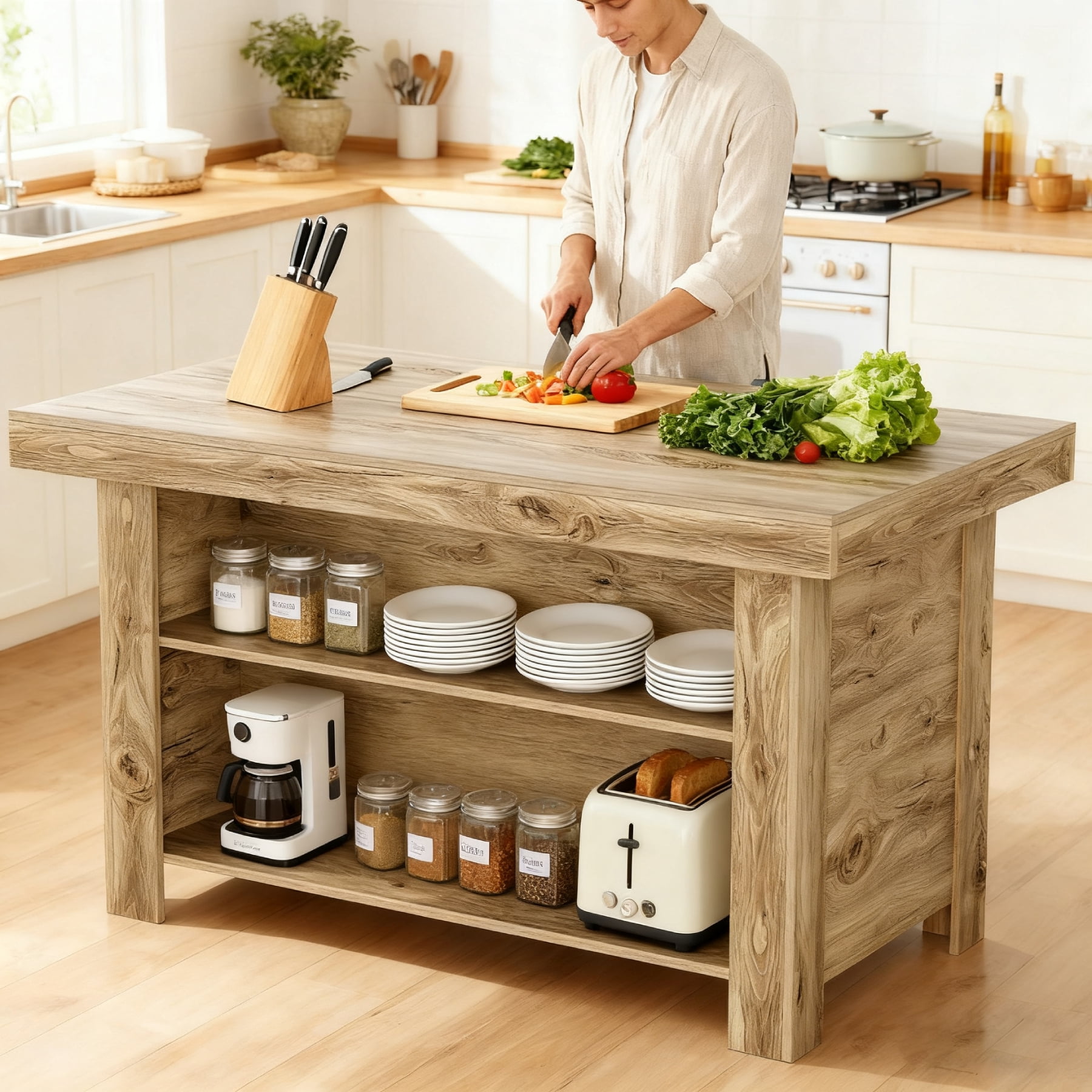 Finmind 3-Tier Farmhouse  Kitchen Island with Storage Shelf, 55 Inches Wooden Stationary Island Table with Large Worktop for Kitchen, Oak
