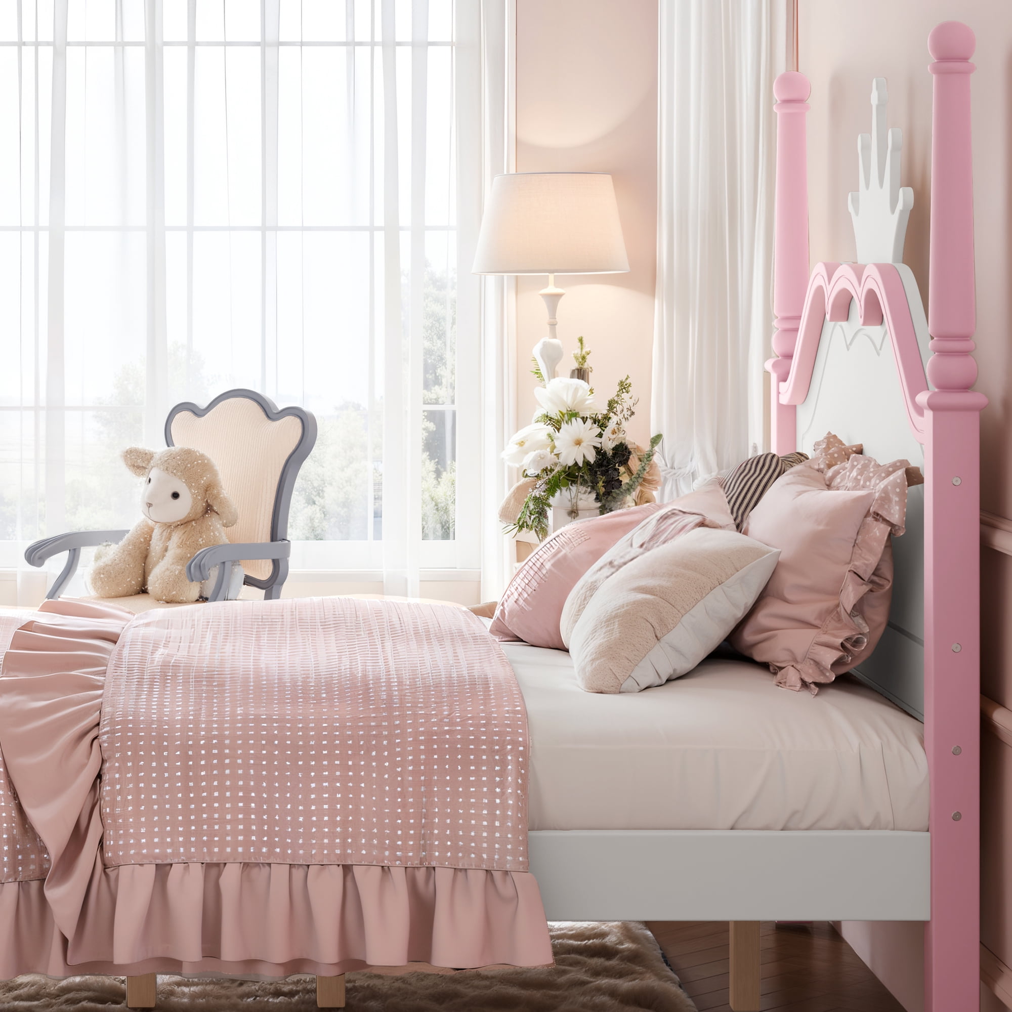 GARITIN Full Size Crown Shaped Platform Bed, Four Poster Wooden Bed Frame, Elegant Curved Headboard Bed Frame for Bedroom Guest Room, White&Pink