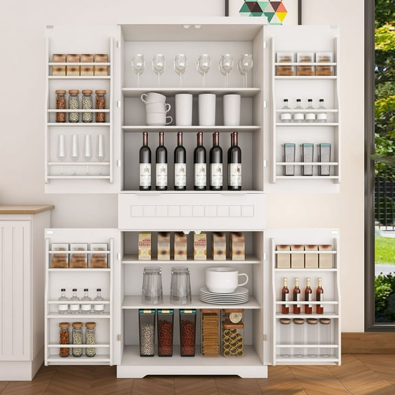 Tall White Pantry Cabinet with Drawer and Adjustable Shelves, 71.65” Freestanding Storage Cupboard for Kitchen and Living Room
