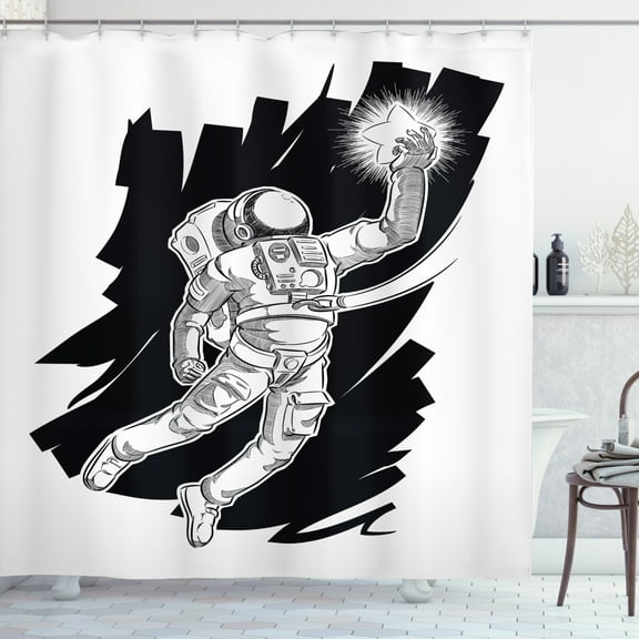 Ambesonne Astronaut Shower Curtain, Grabbing Star Sketch, 69"Wx75"L, Black White
