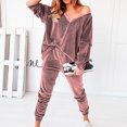 thumbnail image 2 of Womens Velvet 2 Pieces Outfits Long Sleeve V-Neck Sweatshirts with Elastic Eaist Long Pants Pajamas PJs Sets Loungewear, 2 of 7