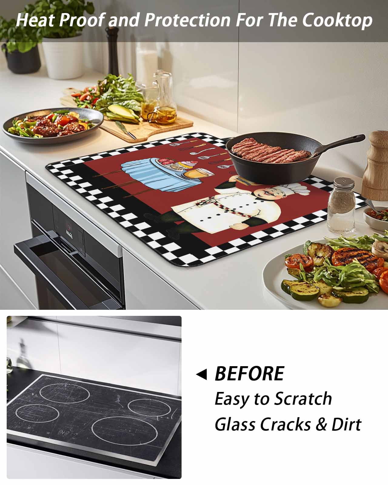 Stove Top Covers for Electric Stove, Chef Glass Stovetop Cover Protector, Cartoon Red Food Cooking Black White Buffalo Check Induction Cooktop Protector Oven Mat for Kitchen Countertop 24"x21"
